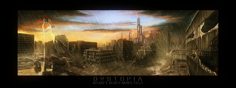 Dystopian cityscape at sunset