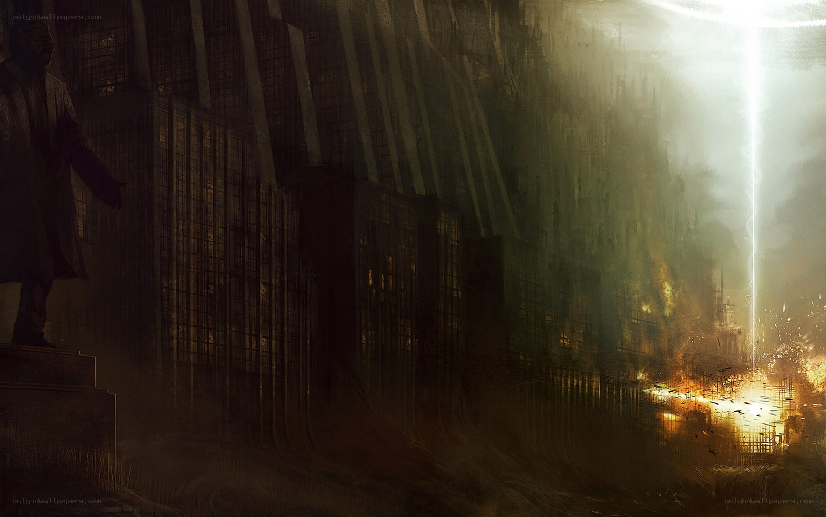 Dystopian cityscape with lightning strike