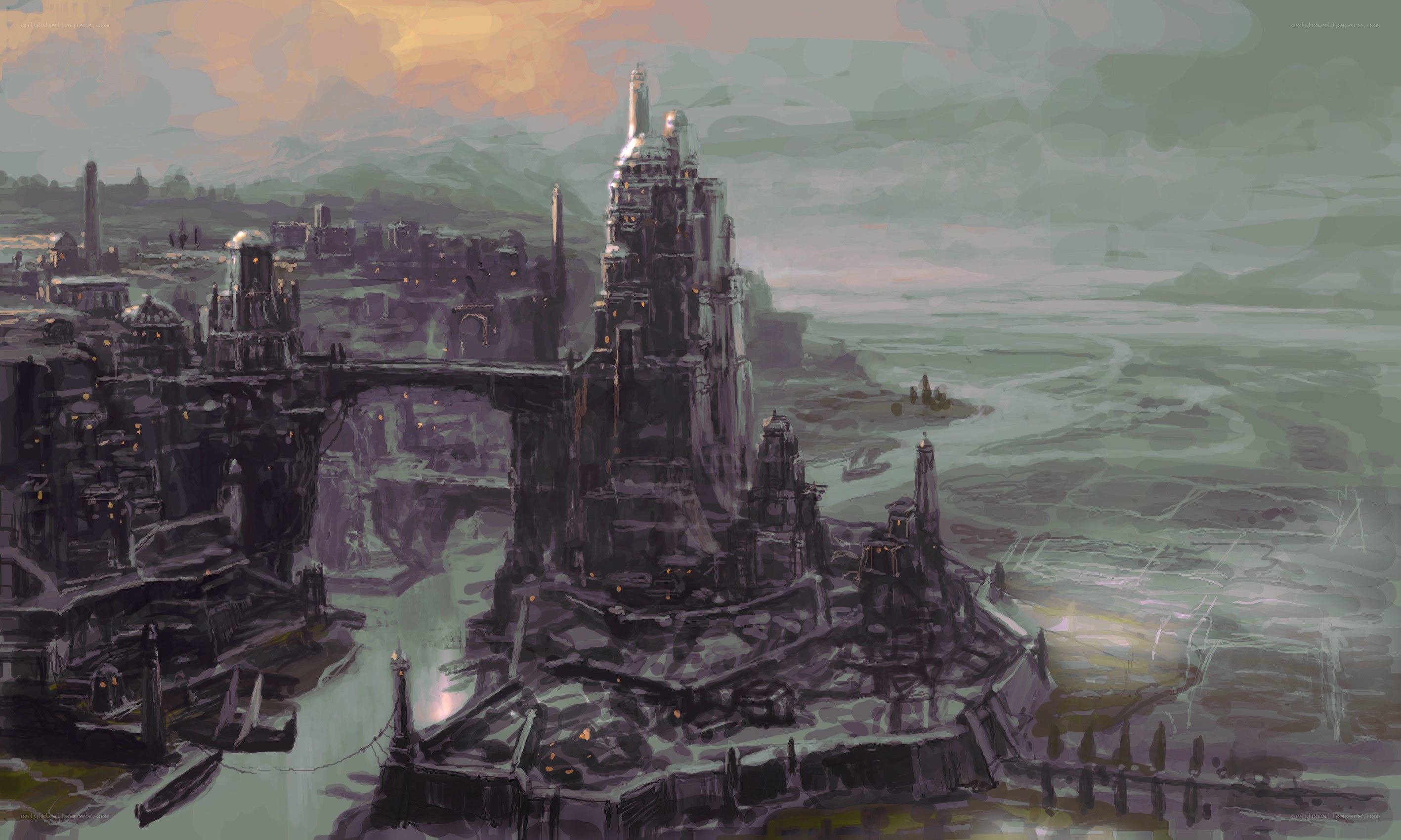 dystopian coastal cityscape