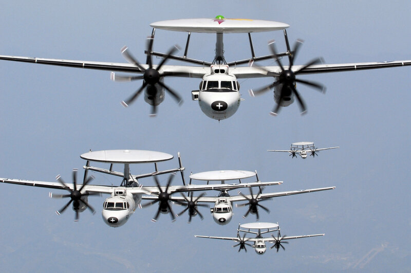 E-2 Hawkeye aircraft in formation