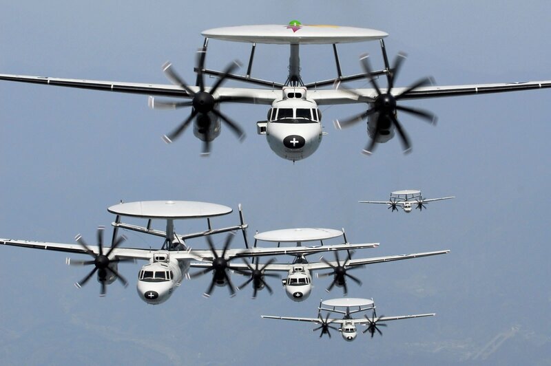E-2 Hawkeye aircraft in formation