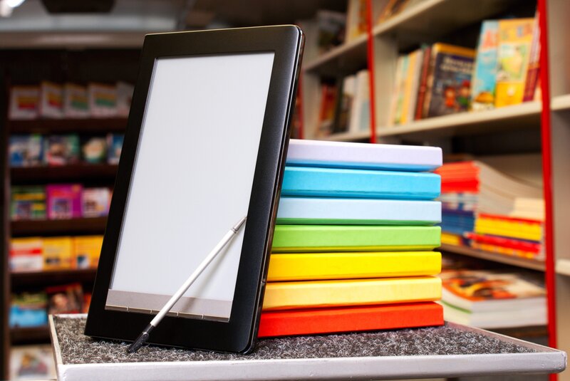 e-reader with colorful books