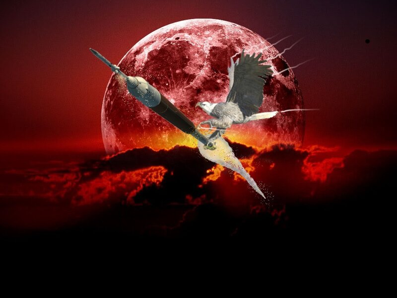 Eagle and rocket against red moon