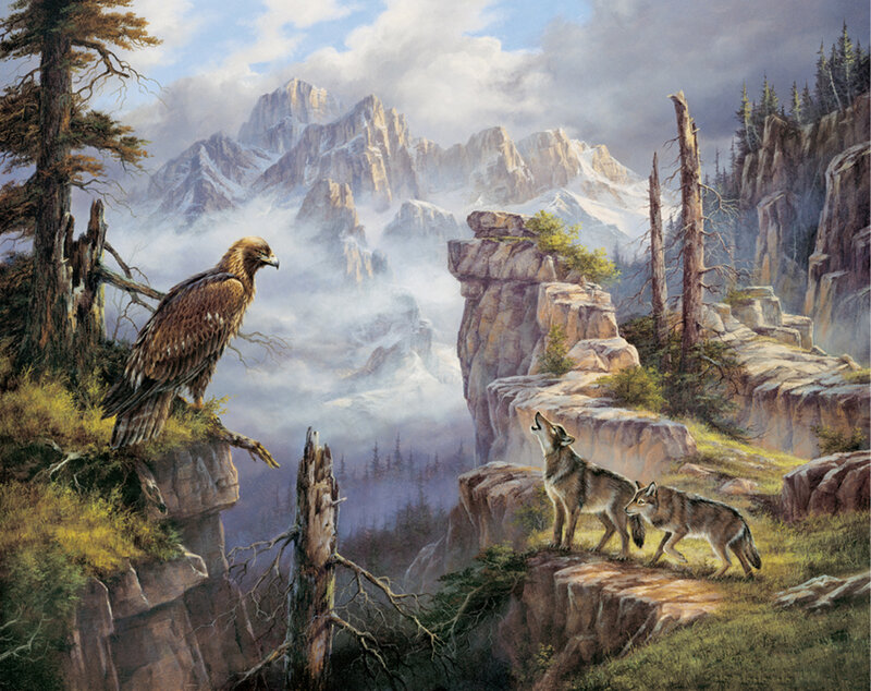 Eagle and Wolves — Brown, Dramatic, Painting