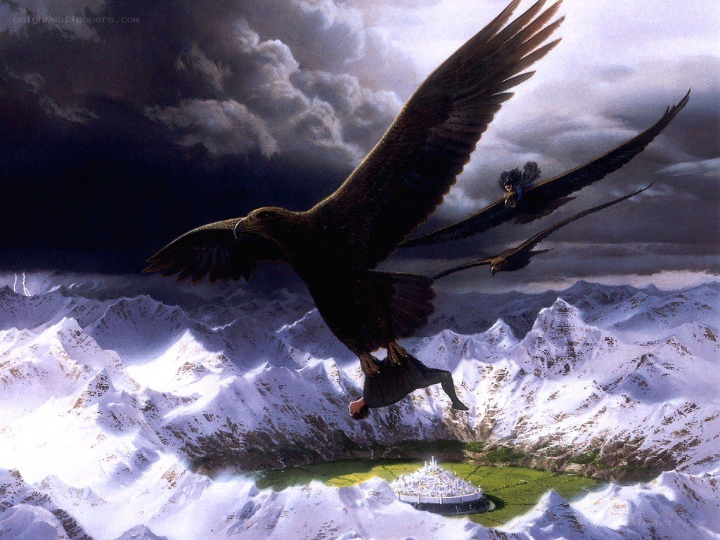 Eagle carrying a person over mountains