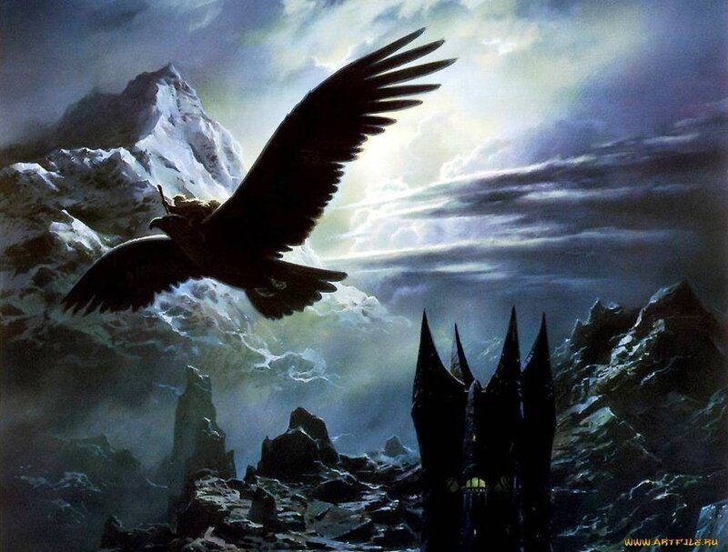 Eagle flying over a castle