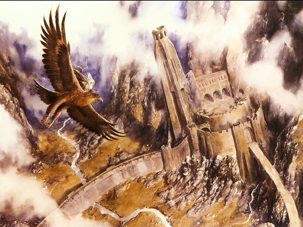 Eagle flying over a fortress