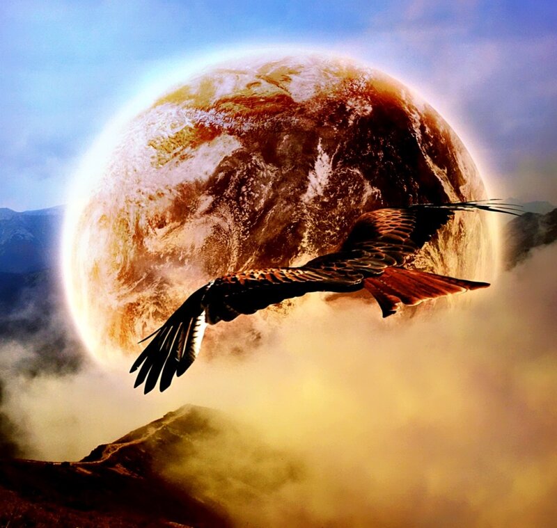 Eagle flying over alien planet