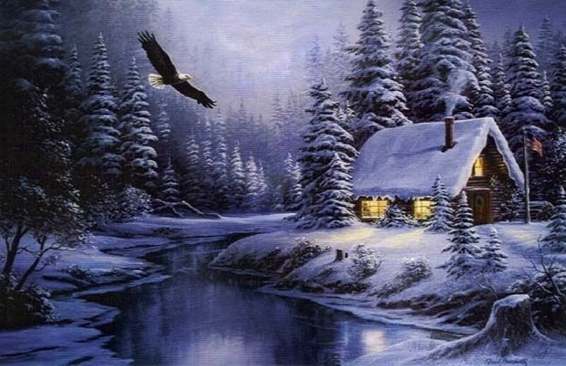 Eagle Flying over Cabin — Blue