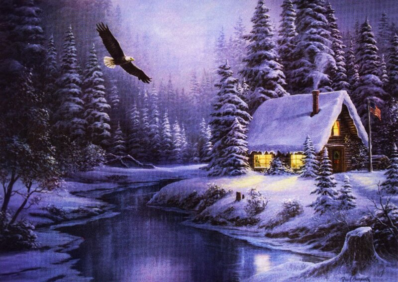Eagle Flying over Cabin — Purple