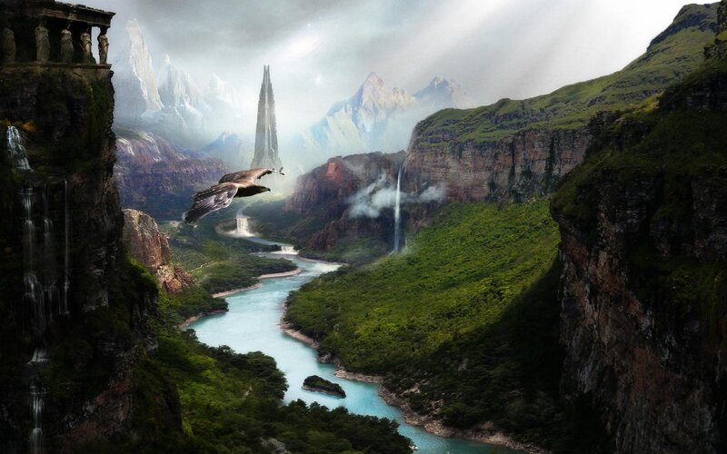 Eagle Flying over Canyon — Green, Dramatic