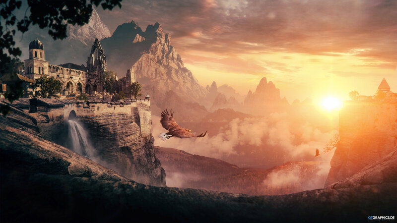 Eagle Flying over Castle — Orange