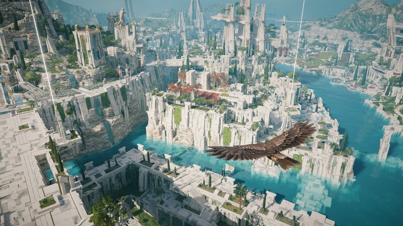 Eagle Flying over City — White