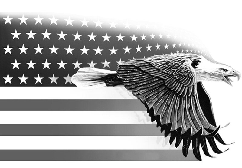 eagle flying over flag