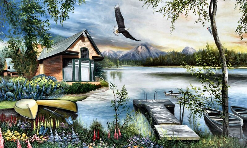 Eagle Flying over Lake — Blue, Serene