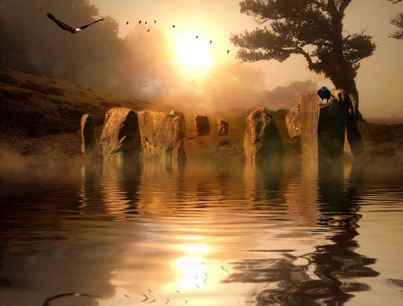 Eagle Flying over Lake — Gold