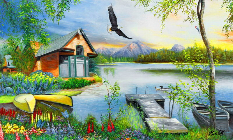 Eagle Flying over Lake — Green, Serene