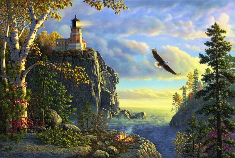 Eagle Flying over Lighthouse — Blue, Serene