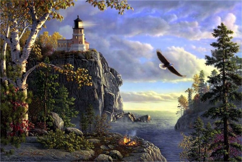 Eagle Flying over Lighthouse — Blue