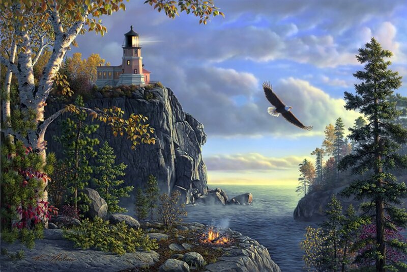Eagle Flying over Lighthouse