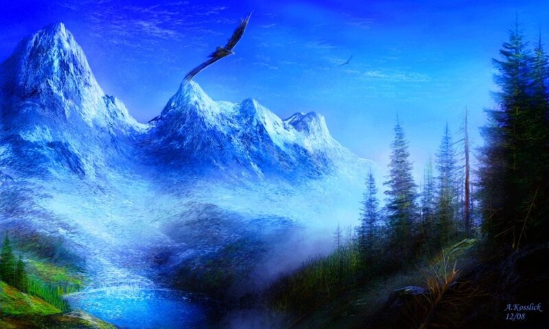 Eagle Flying over Mountains — Blue, Serene