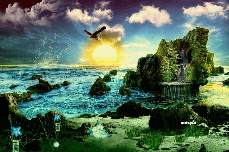 Eagle Flying over Ocean — Blue, Dramatic