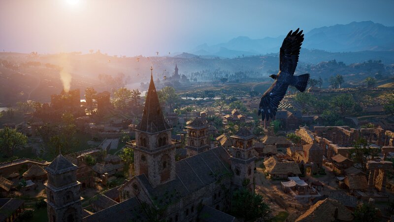 Eagle Flying over Town