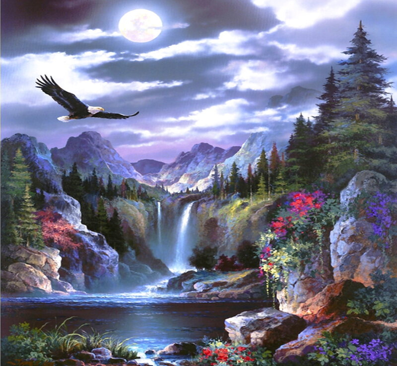 Eagle Flying over Waterfall — Blue