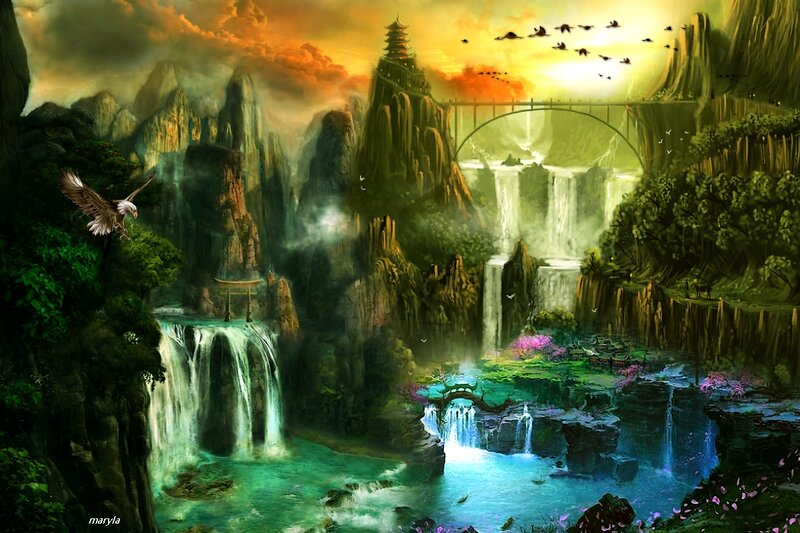 Eagle Flying over Waterfall — Green, Dramatic