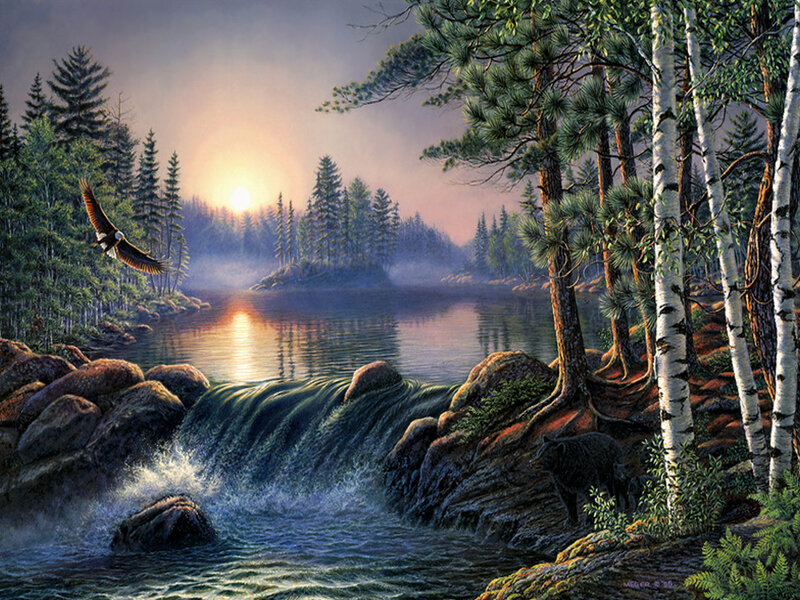 Eagle Flying over Waterfall — Green, Serene, Sunset, Painting, Bear, Forest, River