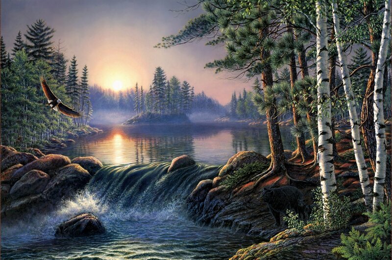 Eagle Flying over Waterfall — Green, Serene, Sunset, Painting, Bear
