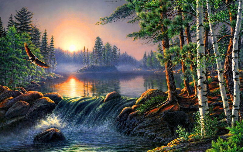 Eagle Flying over Waterfall — Green, Serene, Sunset, Painting