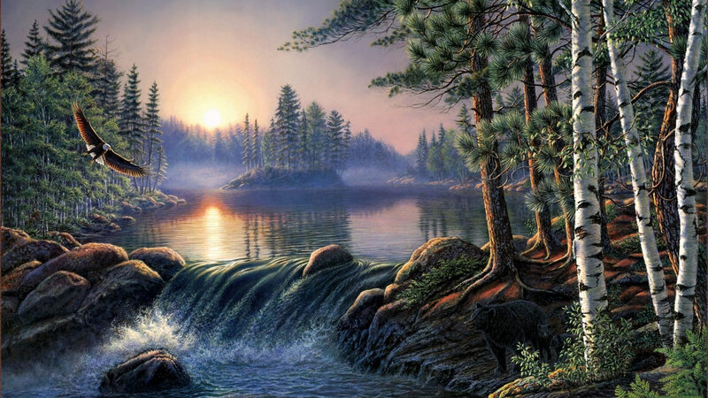 Eagle Flying over Waterfall — Green, Serene
