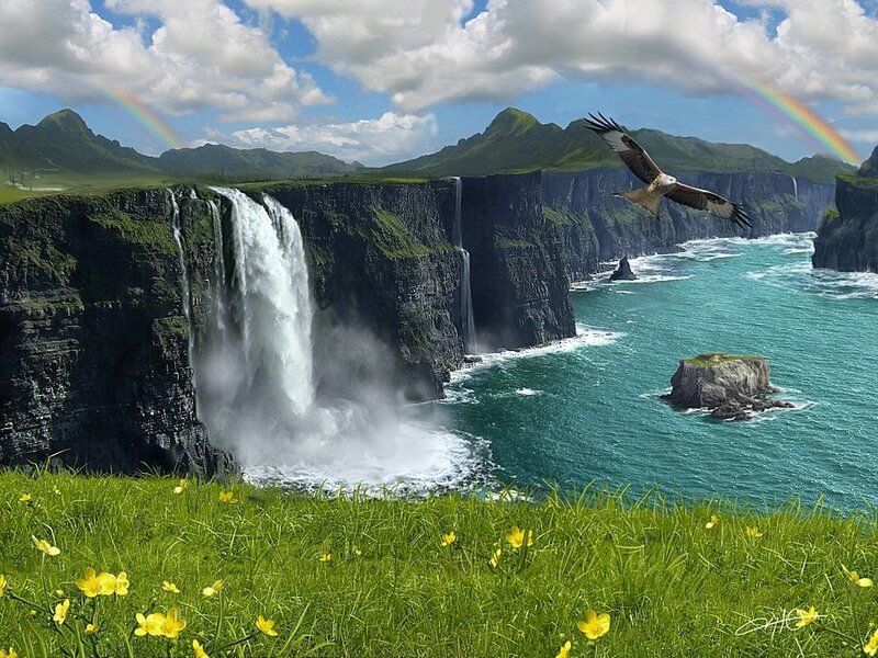 Eagle Flying over Waterfall — Green