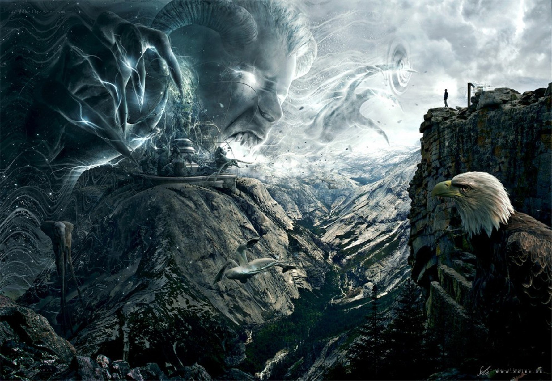Eagle on a cliff with giant face
