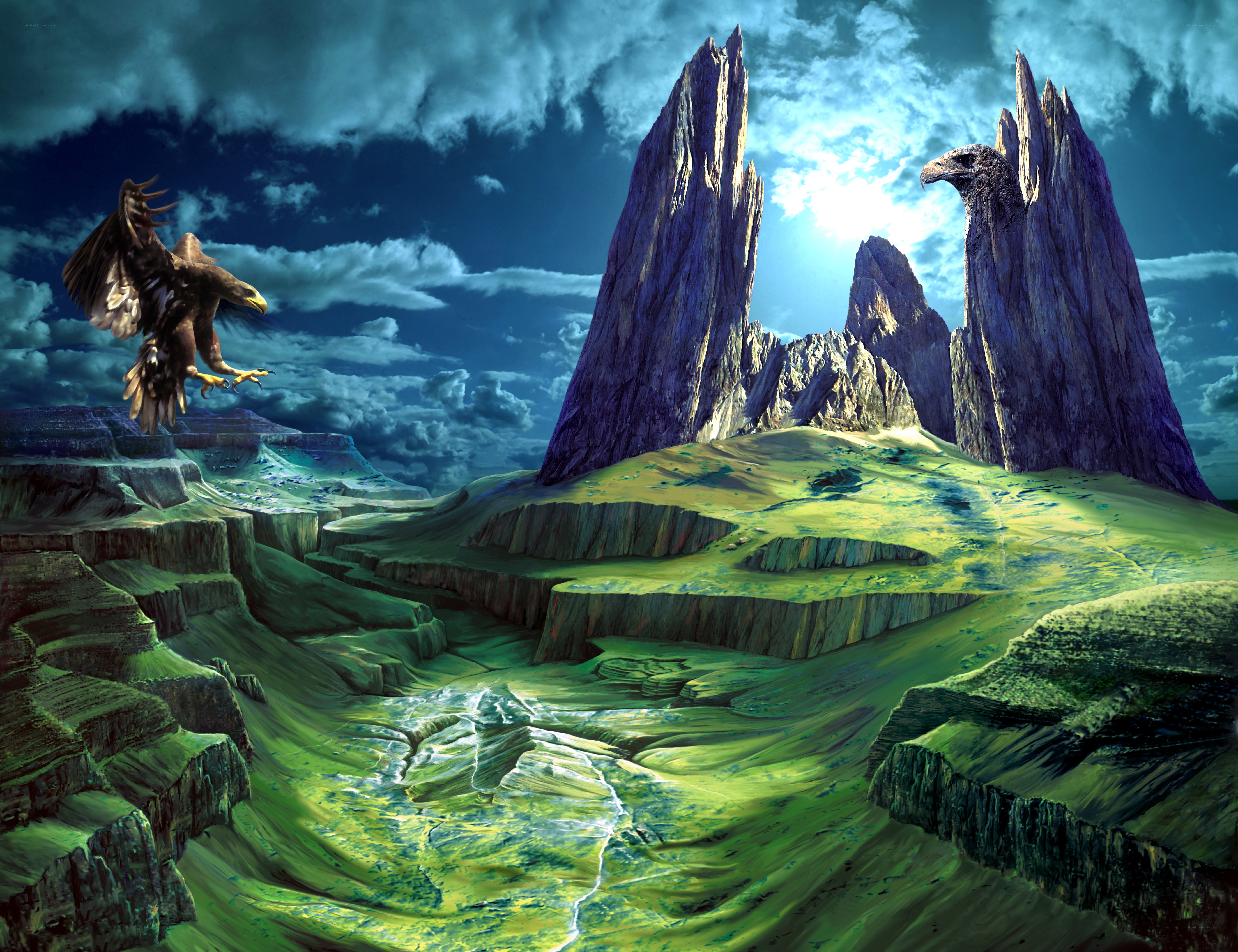 Eagle over a fantasy landscape