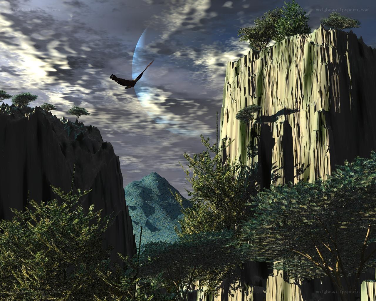 Eagle over alien cliffs