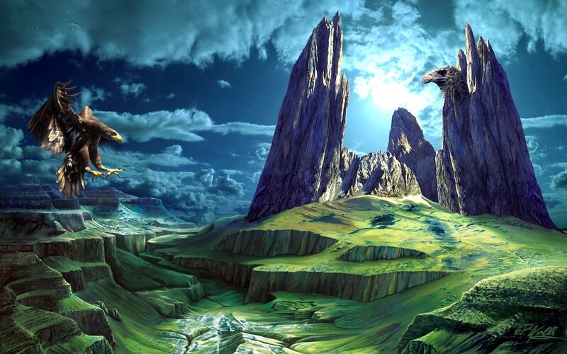 Eagle over rocky landscape