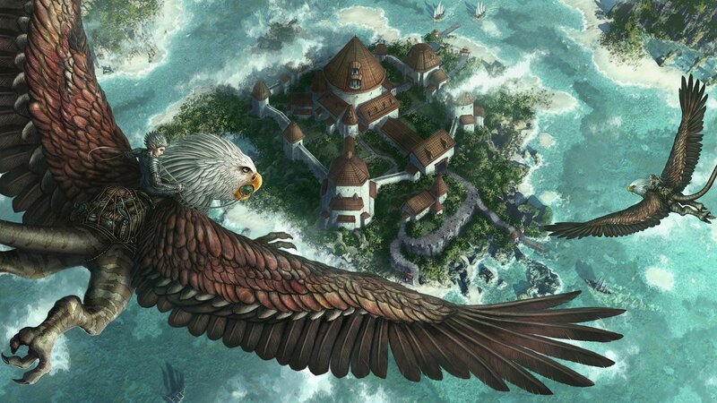 Eagle riders over coastal fortress