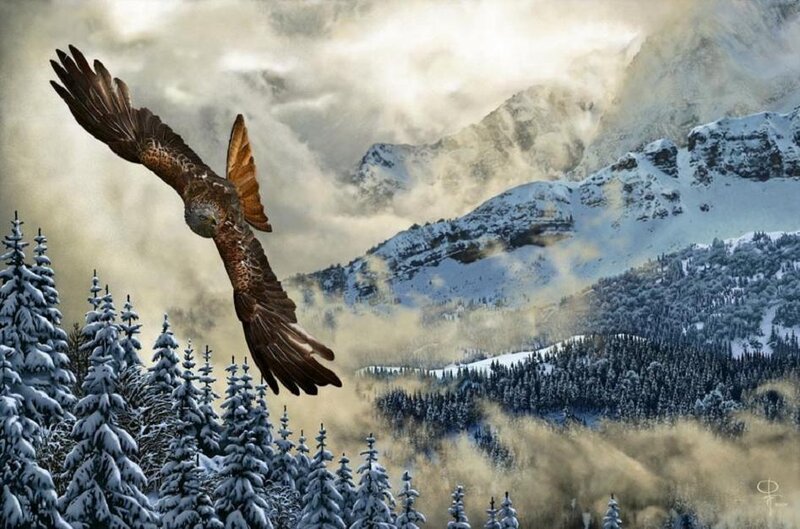 Eagle soaring over snowy mountains