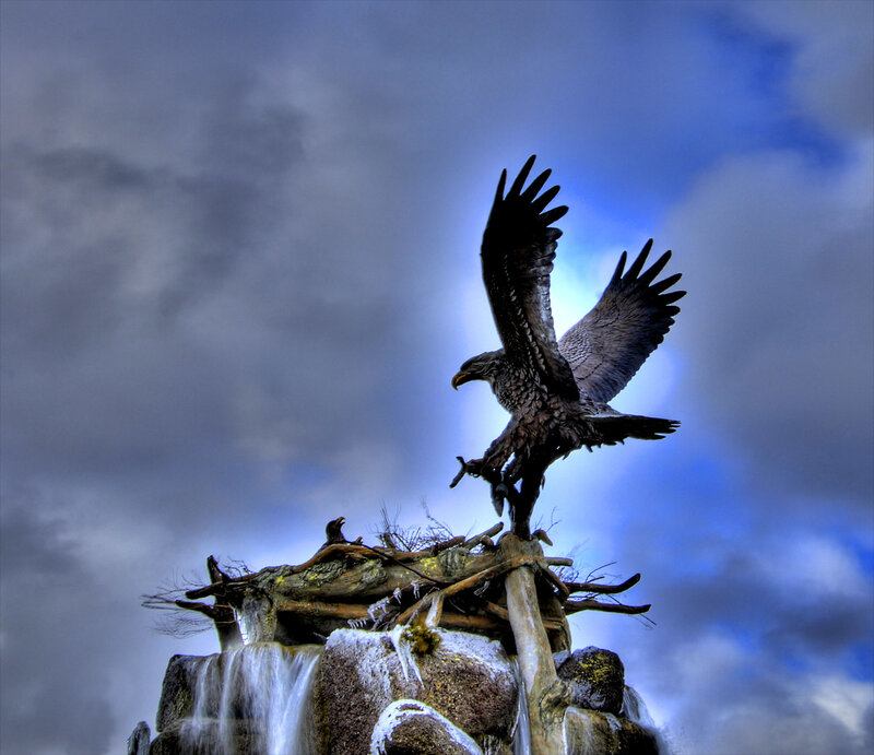 Eagle statue on a waterfall