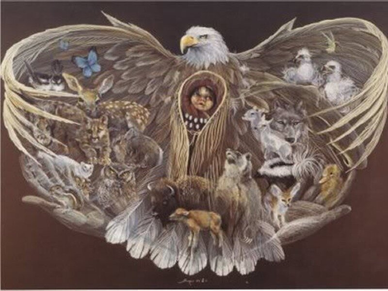 Eagle with animals and child