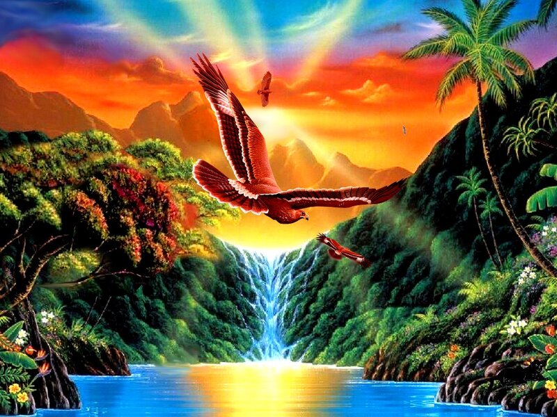 Eagles Flying over Waterfall
