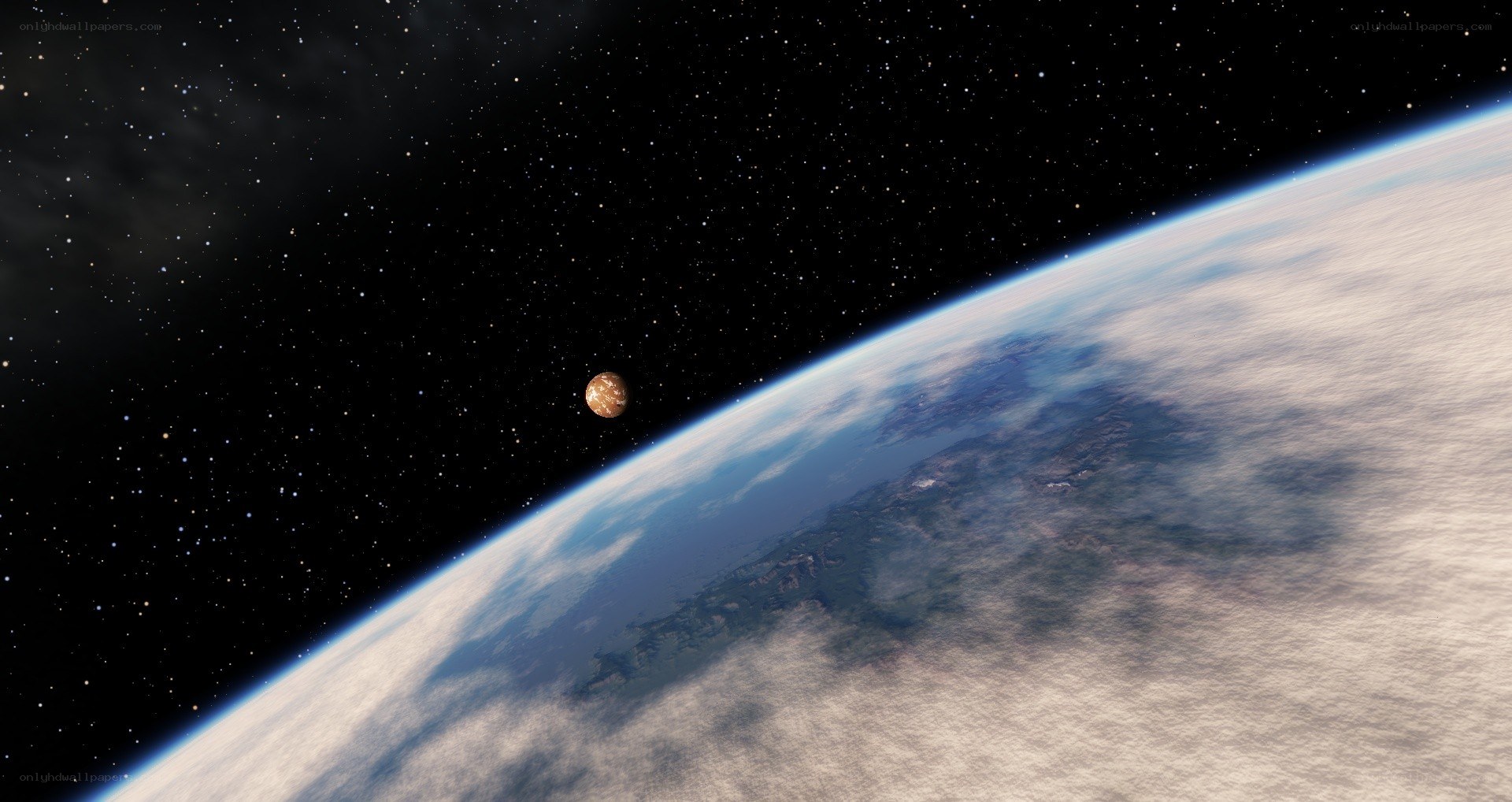 Earth and a distant planet from space