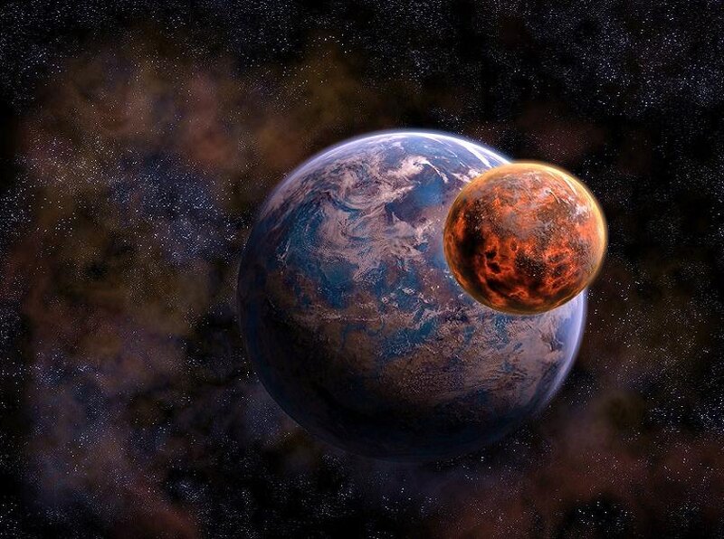 Earth and a fiery planet