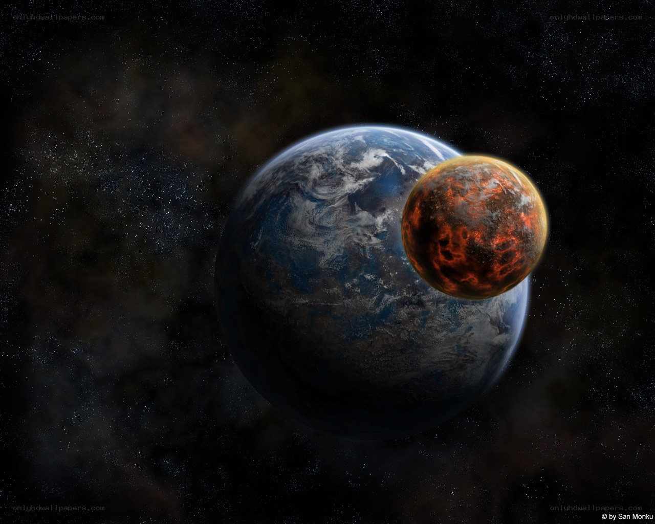 Earth and a volcanic moon