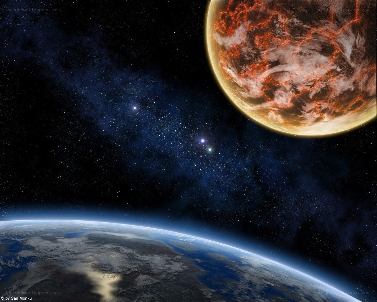 Earth and alien planet in space