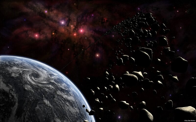 Earth and Asteroid Field — Blue, Dramatic, Digital Art