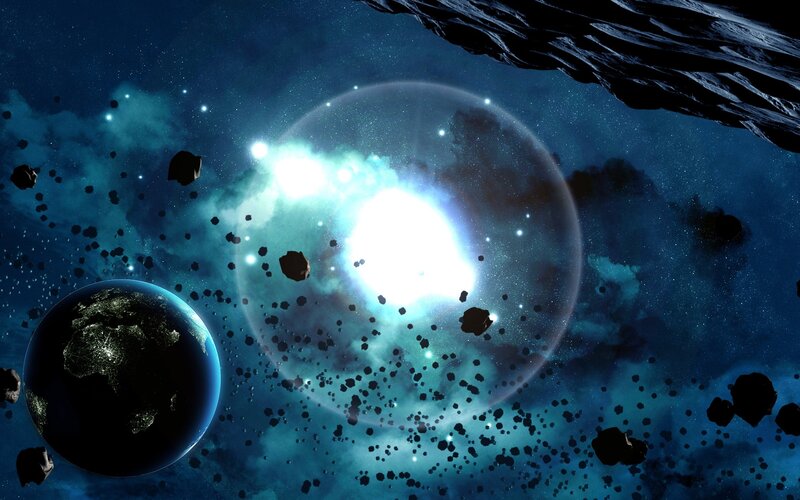 Earth and asteroid field