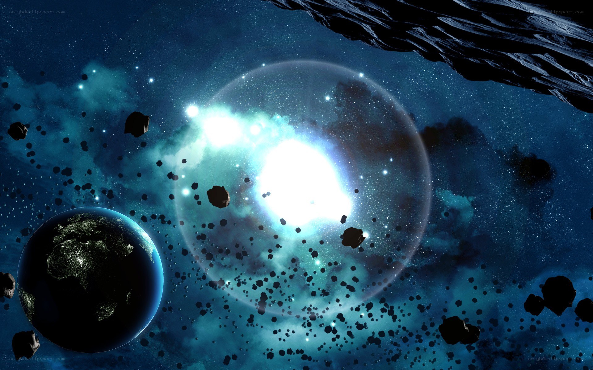 Earth and asteroid field